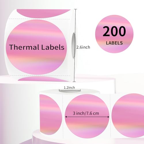 3" Circle Holographic Thermal Label Stickers Pink, Round Printable Rainbow Thermal Sticker for Gift Wrapping, Self-Adhesive/Perforation Line Design - color: Holographic Pink-1, size: 3 inch