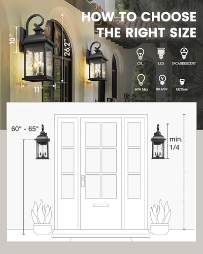FEMILA 26" Outdoor Wall Light, Large Exterior Wall Lantern with Water Ripple Glass, 3-Light Outdoor Wall Light Fixtures for Entryway, Patio, Garage, Doorway, E12 Base, 4FD54B-L BK - color: Matte Black, Water Ripple Glass, size: 26", Single Unit