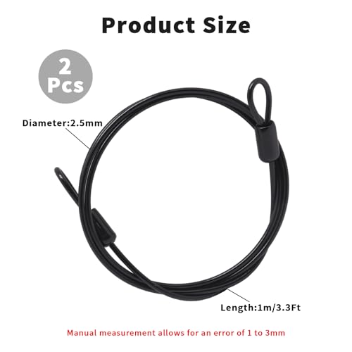Cable Lock Double Loops 3.3Ft Long Black Security Cables, Bike Locks Cables 2.5mm Braided Steel Coated Safety Cable Wire Rope for Luggage, Outdoor, Clothesline (2 Pack) - color: Black, size: 3.3Ft (2 Pack)