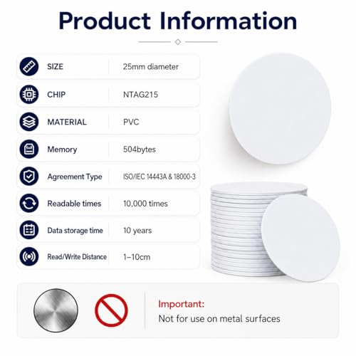 50PCS Coin Cards NFC Tags, Blank NTAG215 NFC Cards Rewitable NFC Chip 25mm/1inch Round 215 Cards Compatible with TagMo and Amiibo and NFC Enabled Mobile Phones and Devices - color: White-50pcs, size: Non-adhesive backing