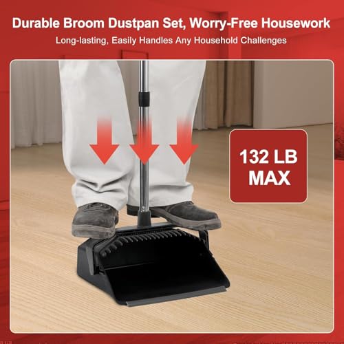 Broom and Dustpan Set for Home, 51" Long Handle Standing Dustpan Black - color: Black