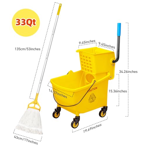 33 Qt Commercial Mop Bucket, with Side-Press Wringer and Cotton Mop