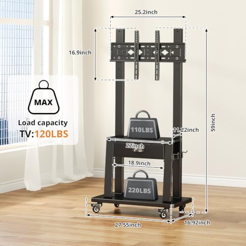 Mobile TV Stand with Storage Drawer for 23-75 Inch TVs up to 120lbs, Heavy Duty Rolling TV Cart with 2-Tier Shelves, Adjustable Height Outdoor TV Stand on Wheels, Max VESA 600x400mm, Black - color: Black
