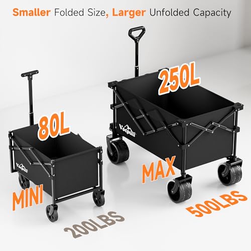 40" L Collapsible Wagon Cart Foldable, 500lbs Weight Capacity 250L Heavy Duty Folding Beach Wagons with Big All-Terrain Wheels, Utility Carts for Groceries, Shopping, Camping, Sports - Black - color: Black, size: 250L