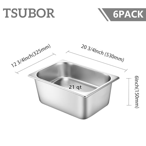 6 Pack Hotel Pans Full Size 6" Deep Stainless Steel Steam Table Pan w/Lids - color: 1/1, size: 6'' Deep
