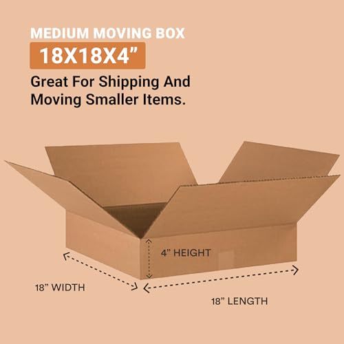 BOX USA 18184 Flat Corrugated Cardboard Box 18" L x 18" W x 4" H, Kraft, For Shipping, Packing and Moving (Pack of 25)