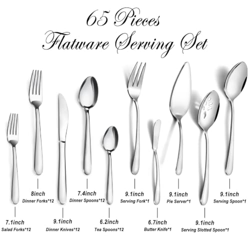 Pleafind 65-Piece Silverware Set with Serving Utensils - Mirror Polished Stainless Steel Flatware Set for 12, Elegant Dining Cutlery Set with Steak Knives, Round Edge Utensils for Home, Wedding Party - size: 65 pieces