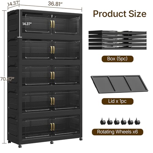 350Gal Extra Large Stackable Storage Bins with Lid, 1750QT Foldable Collapsible Storage Box with Doors and Wheels, Plastic Closet Organizers Container Drawer for Bedroom Kitchen Garage, 5Pack - color: Black, size: 70Gal-5Pack
