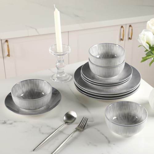 Sweejar Ceramic Dinnerware Service of 4,12 pcs Plate and Bowls for Kitchen - color: Gray, style: Service for 4 (12PCS)