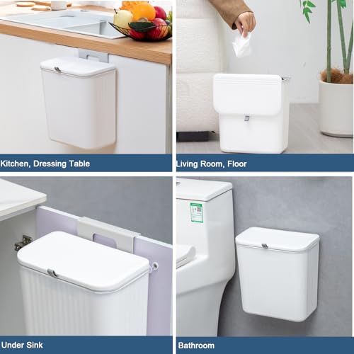 Kitchen Compost Bin Cabinet Hanging Small Trash Can with Lid 2.4 Gallon - color: white