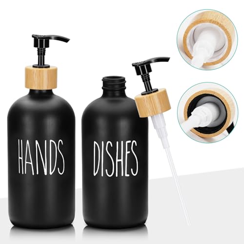 2 Pack 16 Oz Glass Soap Dispenser Set with Tray, Hand Dish Soap Dispenser Set for Bathroom and Kitchen Bottle Dispenser with Dish Soap, Hand Soap, Lotion (Black(Hands) Black (Dishes)) - color: Black(hands)black (Dishes)