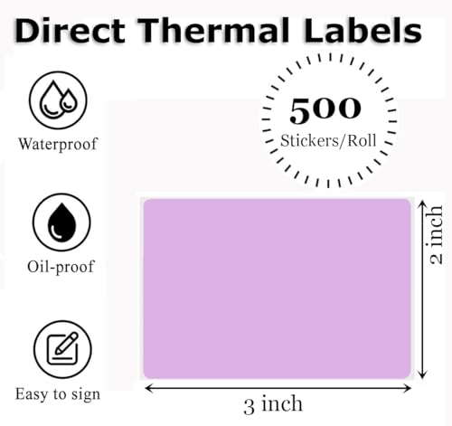 3" x 2" Thermal Labels Stickers Purple, Square Thermal Shipping Stickers, Multipurpose Inventory Self-Adhesive Direct Thermal Label for Small Business (500 Labels/Roll) - color: Purple, size: 3" x 2"