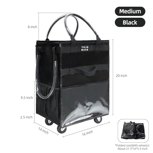 Reusable Grocery Bag with Wheels, Medium Black Rolling Tote - color: Black, size: Medium