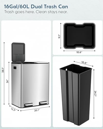 Arlopu 16Gal Dual Trash Can w/2 Built-in Box for Odor Control - color: Silver