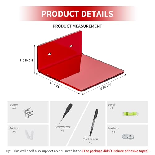 Sezanrpt 6 Inches Acrylic Small Wall Shelves, Red Floating Shelf for Wall Mounting, Acrylic Display Ledges for Funko Pop Figures, Home Décor, Living Room, Gaming Room, Plants, 2 Pack - color: Red, size: 6 Inch