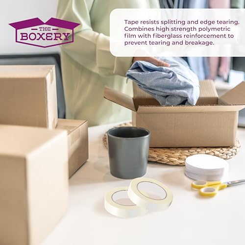 The Boxery 2" x 60 Yards Filament Tape – 24 Rolls – Heavy-Duty Fiberglass Reinforced Strapping Tape – 4.5 Mil Synthetic Rubber Adhesive, High-Tensile Strength, Box Sealing, Bundling & Palletizing