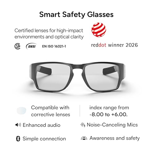 Lucyd Armor Smart Safety Glasses, TR90 Frame, Light Adaptive Lenses, Open Ear Speakers & Microphone - ANSI Z87.1 - style: Vantage Photochromic