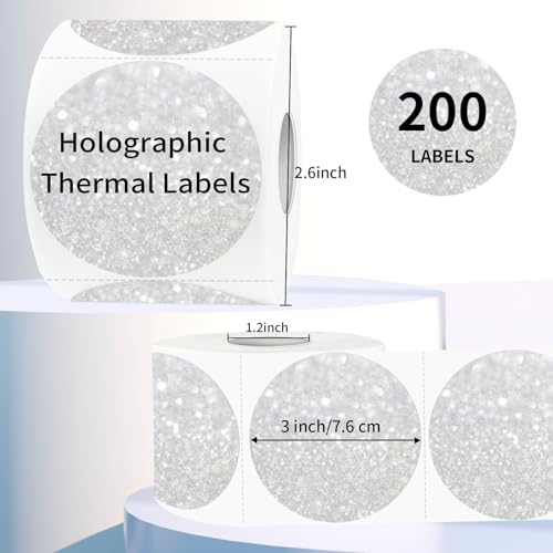 3" Holographic Direct Thermal Label Stickers, Round Printable Rainbow Glitter Thermal Printer Sticker Labels for Gift Wrapping, Self-Adhesive DIY Custom Logo Design- Shiny Silver - color: Holographic Shiny Silver, size: 3 inch