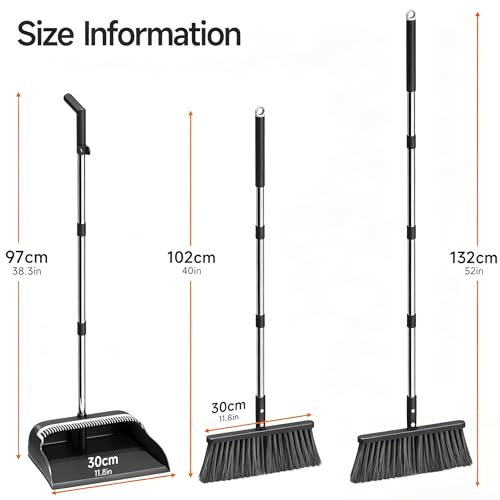 Broom and Dustpan Set, 52" Long Handle with Dust Pan Teeth, Black - color: Black & Gray