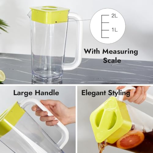 CURTA 1 Pack 2 Liters/68 oz Plastic Square Pitcher with Lid & Handle for Kitchen,ICED JUICE and Coffee Carafe Beverage Serveware, Acrylic Water Jug for Hot/Cold Drinks&lemonade - color: Yelloy