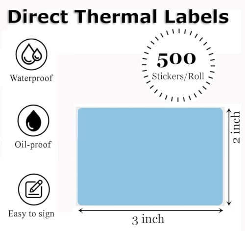 3" x 2" Thermal Labels Stickers Blue, Thermal Printer Thermal Shipping Stickers, Multipurpose Inventory Self-Adhesive Direct Thermal Label for Small Business (500 Labels/Roll) - color: Blue, size: 3" x 2"