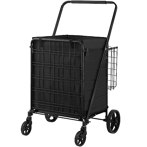 VEVOR Folding Shopping Cart with Removable Waterproof Liner, 330LBS Large Capacity Jumbo Grocery Cart with Dual Basket, 360° Swivel Wheels, Dense Metal Mesh Base, Heavy Duty Utility Cart for Shopping - size: Jumbo