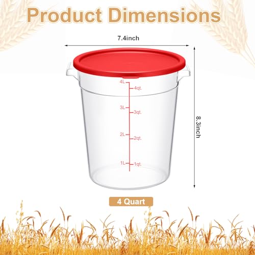 Suclain 4 Pcs 4 Qt Food Storage Container Bucket with Lids Clear Proofing Containers for Dough Rise Bread with Scale Handle Round Flour Commercial Storage Bucket for Home Restaurant Food(Red) - color: Red