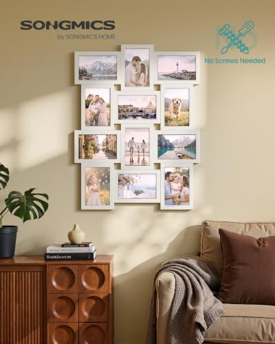 SONGMICS Collage Picture Frame, Gallery Photo Frame for Twelve 4 x 6 Inch Photos, MDF Wood Wall Decor for Living Room, White, Kavi Collection URPF103WZ01 - color: Cloud White, size: 4*6 12 pack