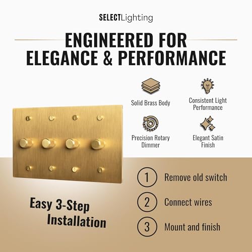 SELECT 4 Gang Solid Brass Rotary Dimmer Switch, 3-Way & 1-Way Compatible - color: Satin Brass, size: 4 Gang, style: 1/3-Way Dimmer