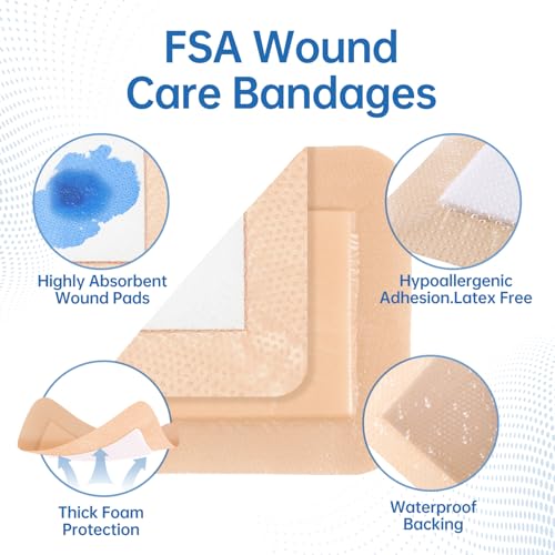 Niceful Silicone Foam Dressing 4"x4", Waterproof Silicone Bandages with Border Adhesive, High Absorbency Bed Sore Bandages Wound Care Dressing (2.5"X2.5" Pad), 5 Packs, FSA HSA Eligible - size: 4x4 Inch (5 Pcs)