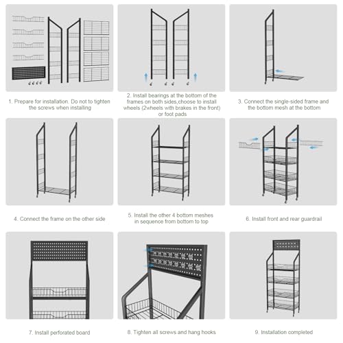4 Tier Retail Display Racks, Freestanding Snack Rack Display Stand with 15 Hooks & 4 Wheels, Metal Snack Shelf Organizer for Supermarket Retail Store Commercial Kitchen Office, Black - size: 4Tier/10.63"D X 23.62"W X 55.12"H