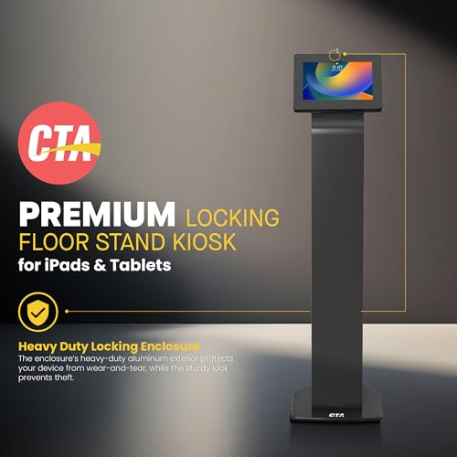 CTA Digital Premium Kiosk Floor Stand - Locking Floor Stand Kiosk - iPad 7th/8th/9th Gen 10.2" - Pro 11", 5th & 6th Gen, Surface Go, Galaxy Tab S5E & More (PAD-PARAF) - color: Black, size: Medium Size Tablets, style: Key Lock Enclosure