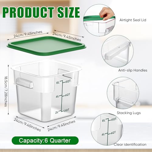 FoldTier 2 Pieces Square Food Storage Containers Polycarbonate Clear Food Container with Lid Commercial Food Storage with Graduations for Commercial Kitchen Dough Marinating Meat(Green, 6 Qt) - color: Green, size: 6 Qt