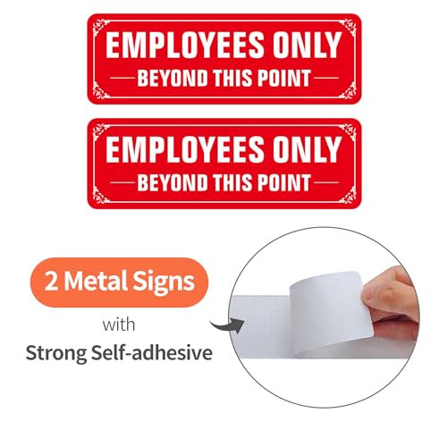 Employees Only Sign, (2 Pack) Self Adhesive Employees Only Beyond This Point Sign, Rust Free Aluminum Metal Staff Only Sticker Signs for Wall and Door (9 x 3 inches, Red/White) - color: Red /White