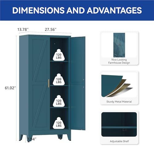 COFaR 61'' Tall Metal Storage Cabinet, Farmhouse Kitchen Pantry Cabinet with Doors and 3 Adjustable Shelves, Metal Pantry Storage Cabinets for Kitchen, Laundry, Peacock Blue 4-Tier - color: Peacock Blue, size: 13.78''D ×27.56''W × 61.02''H-S06