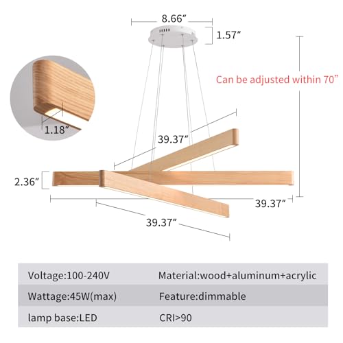 3-Light Solid Wood Natural Linear Pendant Light Modern LED Pendant Light Dimmable Chandelier for Dining Room Table Kitchen Island Living Room Ceiling - 45W Warm Light Adjustable Hanging Fixture - color: Natural, size: 39-3in