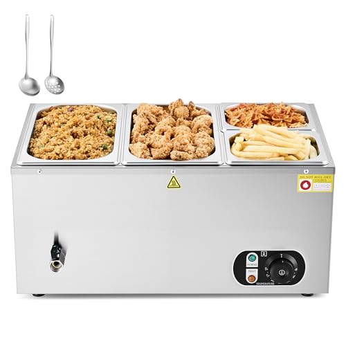 WILPREP Commercial Food Warmer with Two 1/3 & Two 1/6 Pans, 1500W Countertop Electric Warmer, 86-185°F Adjustable Temp Control, Stainless Steel Buffet Bain Marie - size: 1/3pan*2+1/6pan*2