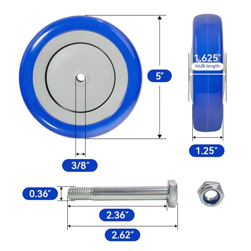5" Wheels for Cart, 3/8" Axle Polyurethane Shopping Cart Wheels Replacement Casters (4 Wheel, Blue) - style: Blue(3/8'' Bore)