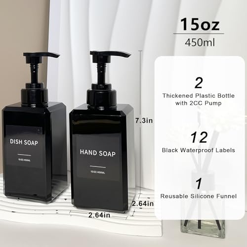 Black Soap Dispenser with Waterproof Labels, Thickened Plastic Hand Soap Dispenser for Bathroom, Kitchen Dish Washing Liquid Bottles, Shampoo and Conditioner Bottles with Funnel (15oz 2Pack Black) - color: 15oz 2 Pack Black