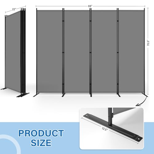 AKTOP 4 Panel Room Divider, 88" W x 6FT Fabric Folding Privacy Screen, Grey - color: Grey