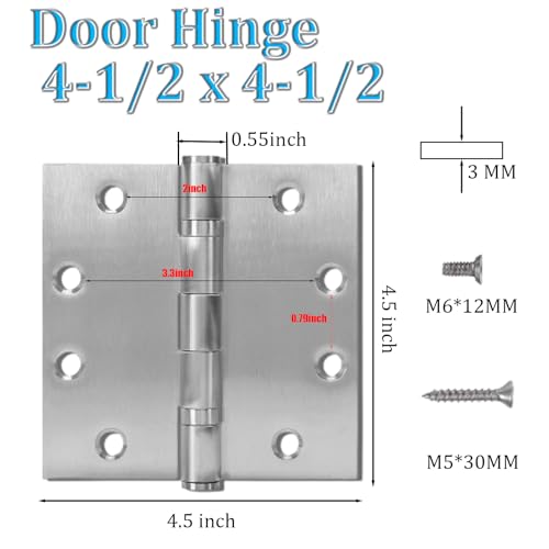 4.5" Heavy Duty Ball Bearing Door Hinges, Square Corner, 3 Pack, Nickel