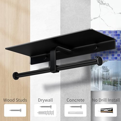 Danpoo Matte Black Toilet Paper Holder with Shelf, Wall-Mounted Bathroom Organizer, Double Roll - color: Black