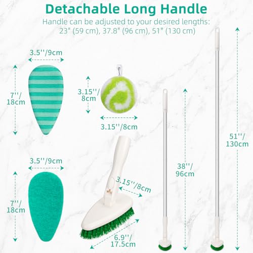 Qaestfy 4-in-1 Tub and Tile Shower Scrubber, 51'' Bathtub Cleaning Brush with Long Handle, Soft & Stiff Bristles Bathroom Scrub Brush, Non-Scratch Shower Cleaner Brush for Cleaning