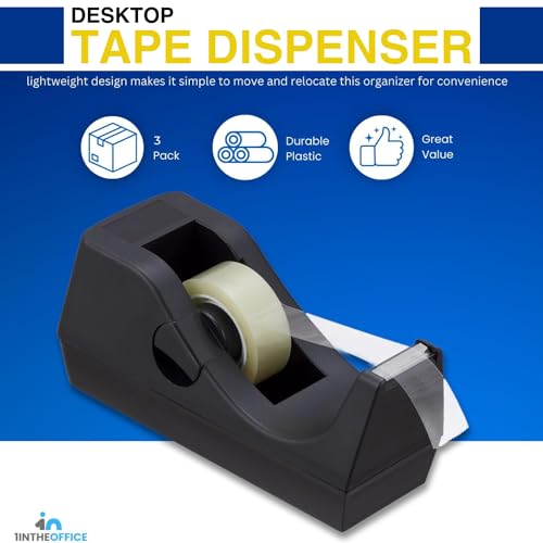 1InTheOffice Tape Dispenser Desk, Weighted Nonskid Base, 1 Inch Core, Black, 3 Pack