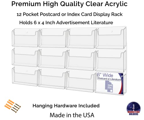 Marketing Holders Post Card Holder Acrylic 12 Slots Hold 6" Printed Media Wall Mount Hanging Hardware Included Use at Community Centers Gift Shops Motels Airports Historical Sites Convenient Clear - size: 20.25 x 22.25 inches