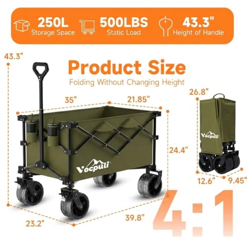40" L Collapsible Wagon Cart Foldable, 500lbs Weight Capacity 250L Heavy Duty Folding Beach Wagons with Big All-Terrain Wheels, Utility Carts for Groceries, Shopping, Camping, Sports - Green - color: Green, size: 250L