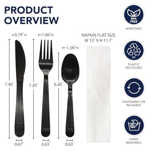 Party Essentials Individually Wrapped Black Plastic Cutlery Packets/Heavy Duty Silverware Kits, Fork/Spoon/Knife/Napkin/Salt/Pepper, 100 Sets - size: Fork/ Spoon/ Knife/ Napkin/ S&P