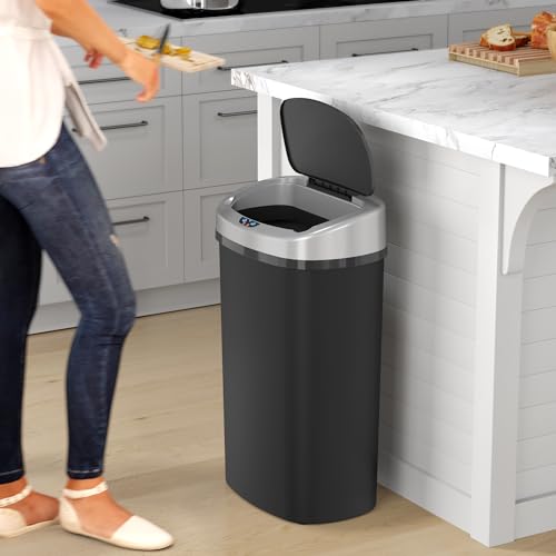 iTouchless 13 Gallon Oval Sensor Kitchen Trash Can with Odor Filter System, Durable Dent-Proof Automatic Lid Garbage Bin, Great Waste Bin for Home, Office, Business, Slim Space-Saving, Black Plastic - color: Solid Black 13 Gal Sensor Plastic