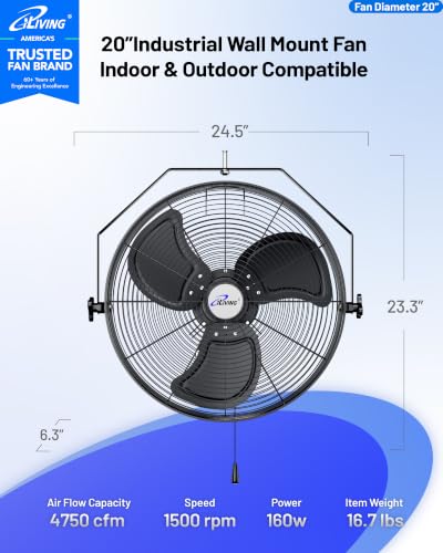 iLiving 20 Inch Industrial Wall Mount Fan, 4750 CFM High Velocity, Outdoor Rated, 3-Speed, UL Listed for Garage, Patio, Warehouse, Barn, and Commercial Use - size: 20 In
