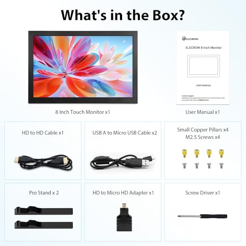ELECROW 8 Inch Touchscreen Monitor, 1280x800 IPS LCD HD Display with Stand, Portable Capacitive Touch Screen Compatible for Raspberry Pi 3/4/5, Win 11/10/8/7, Jetson Nano, laptops, Game Consoles